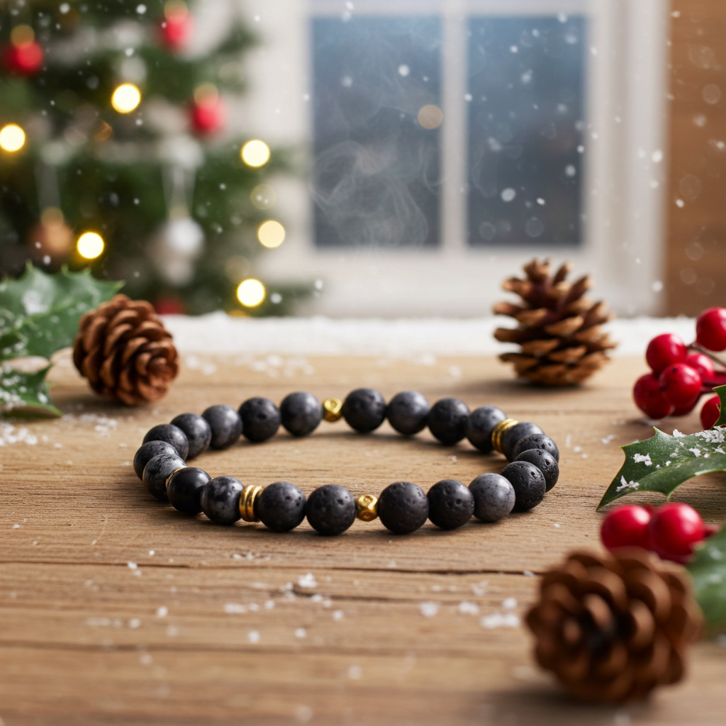 Wyndmere black beaded bracelet with gold accents on a wooden surface with Christmas decorations.