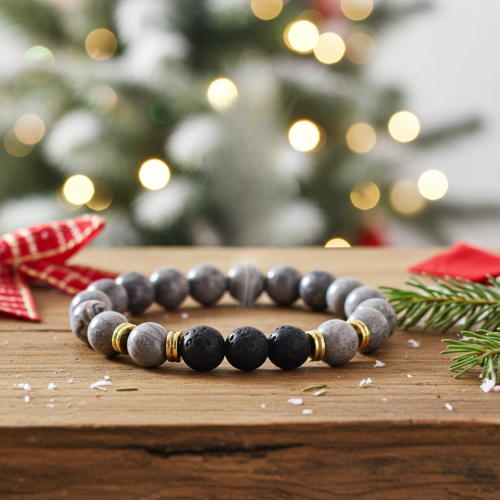 Wyndmere bracelet with beads on a wooden surface with a Christmas tree in the background