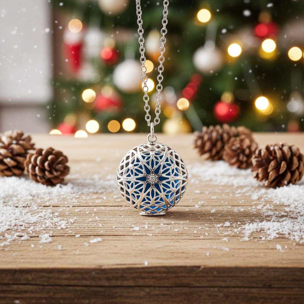 Wyndmere silver necklace with a decorative pendant on a wooden surface with pine cones and a blurred Christmas tree in the background.