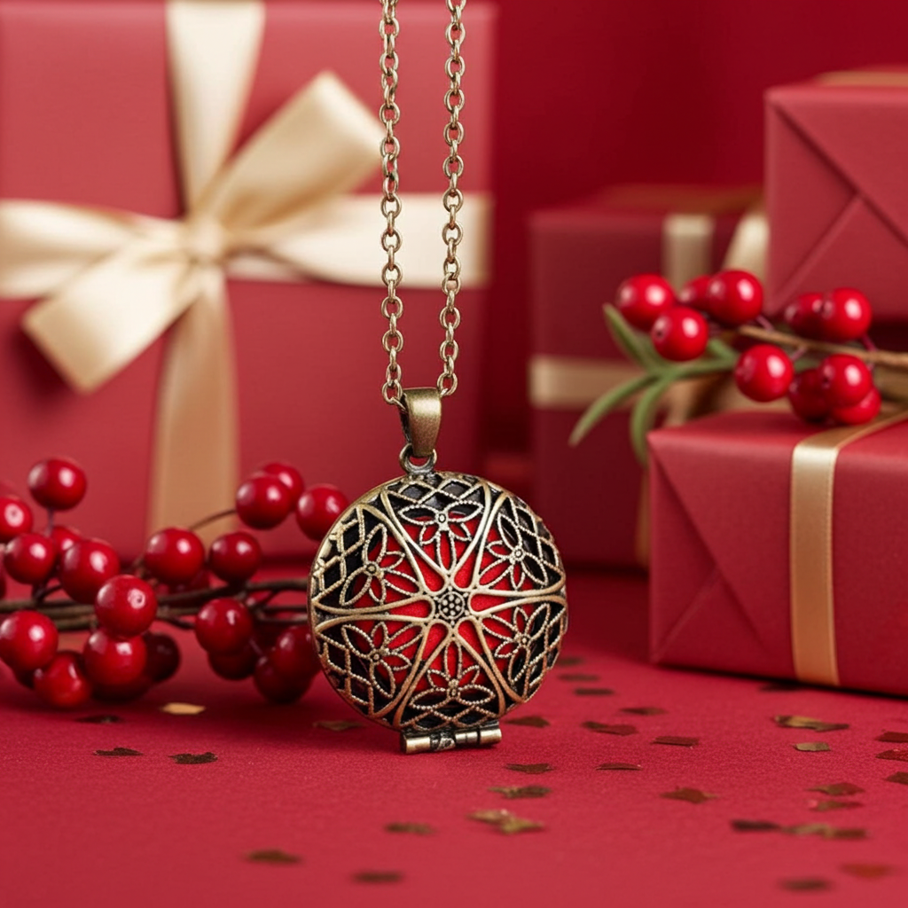 Decorative necklace with intricate design on a red background with gift boxes and berries.