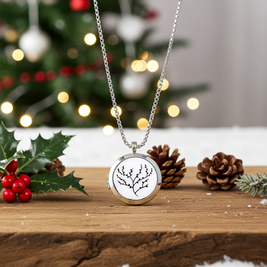 Wyndmere aromatherapy necklace with a circular pendant featuring a black leaf design on a wooden surface with Christmas decorations.