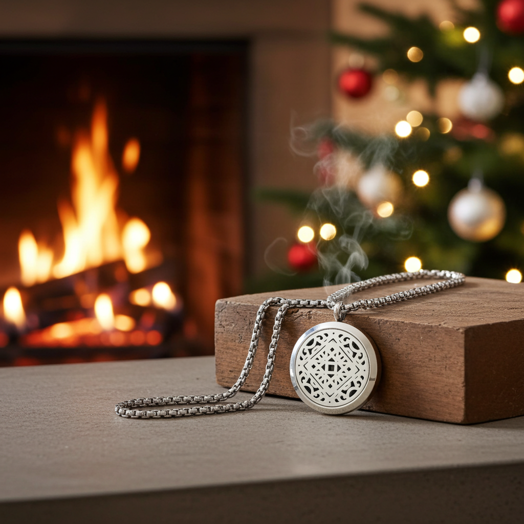 Wyndmere silver necklace with a decorative pendant on a wooden block in front of a fireplace, a Christmas Tree.