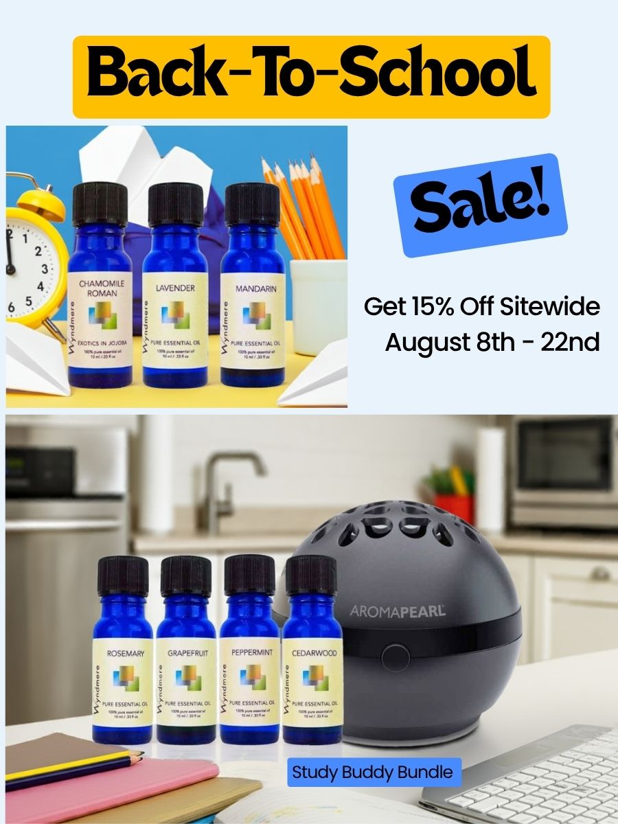 Promotional image for Back-To-School sale with essential oils and diffuser on a kitchen counter.