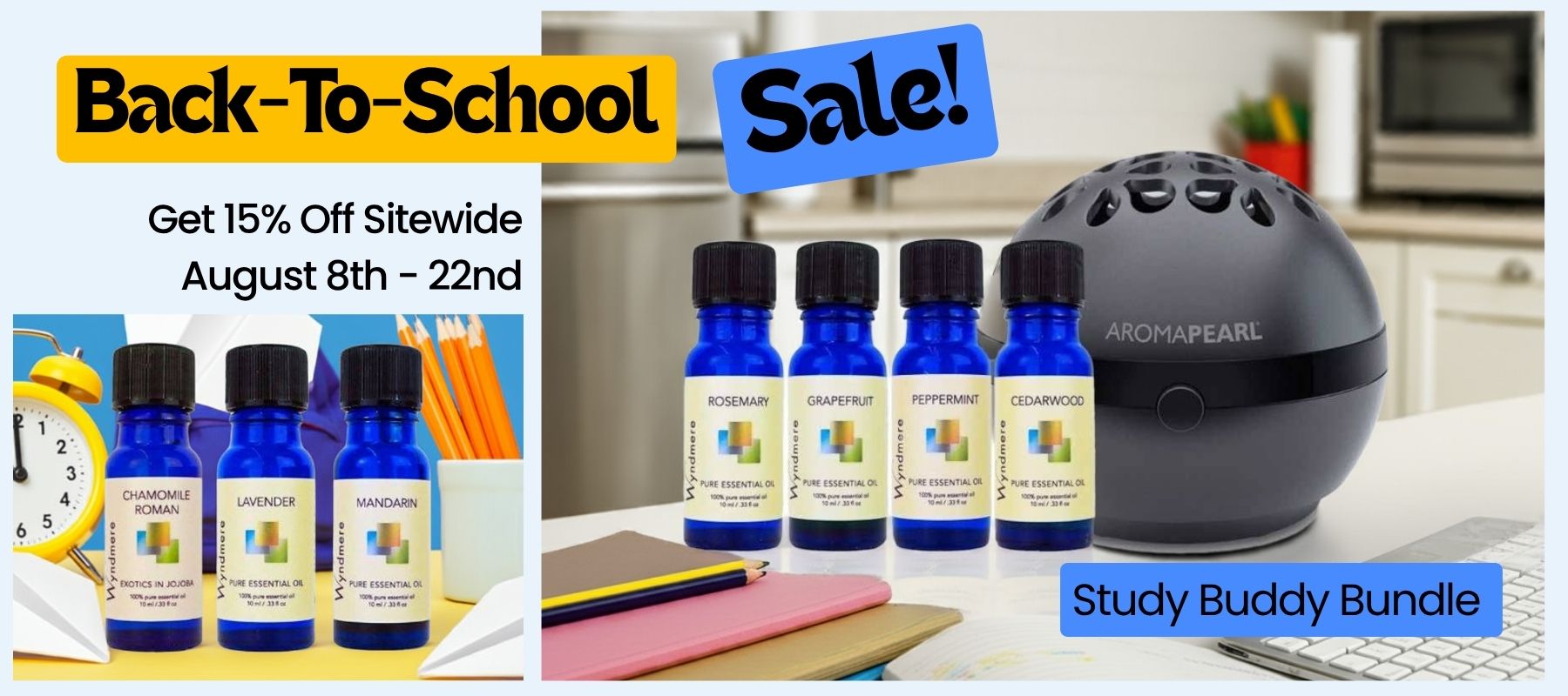 Aromatherapy diffuser and essential oil bottles with a 'Back-To-School Sale' banner.