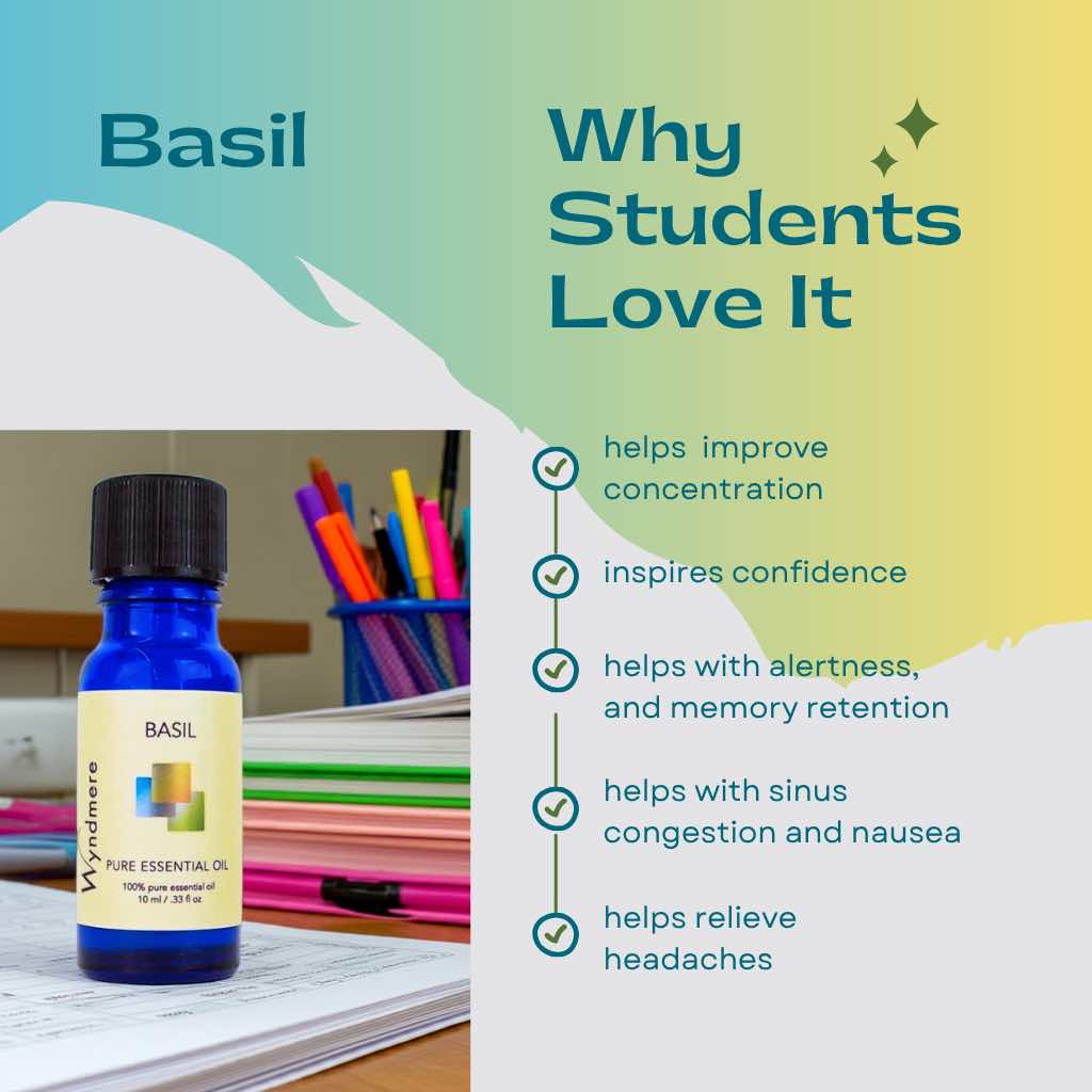 Bottle of basil essential oil with benefits listed for students on a colorful background