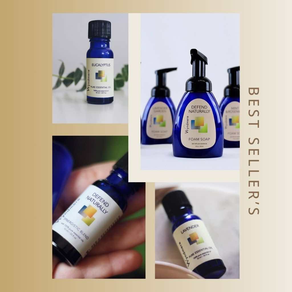 Wyndmere best sellers 10% off sale. Pictured Lavender, Eucalyptus essential oils. Defend Naturally blend essential oil, Defend Naturally Foam Soap. 