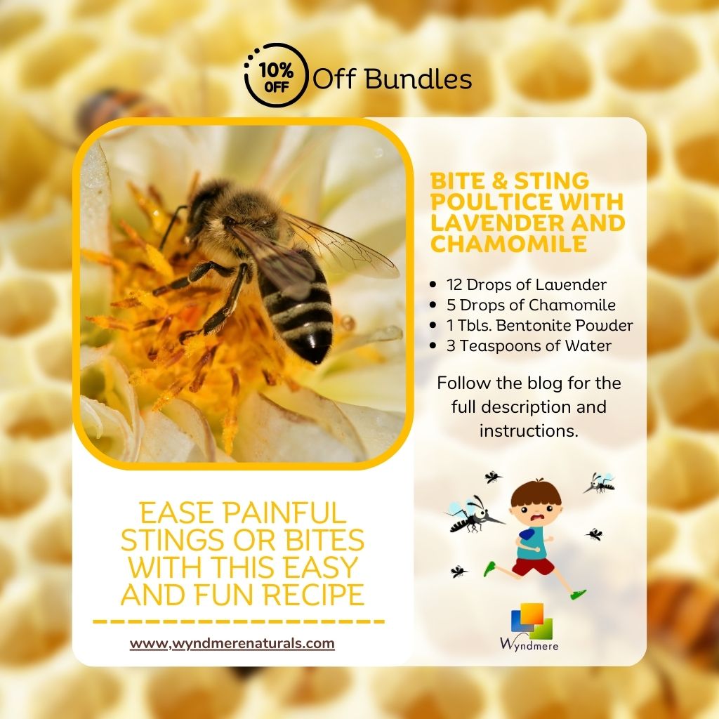 A product image featuring a bee on a flower with text detailing a natural remedy for painful stings or bites, and an offer for a 10% discount when you follow the blog.