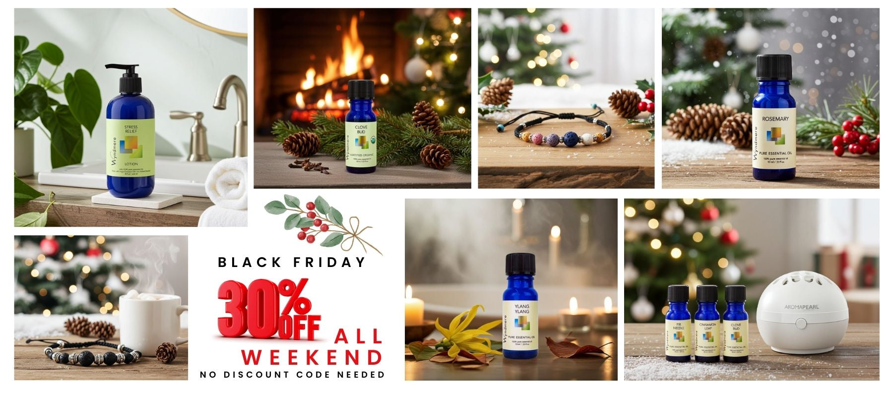 Collage of Wyndmere essential oil bottles with holiday decorations and a black friday discount banner.
