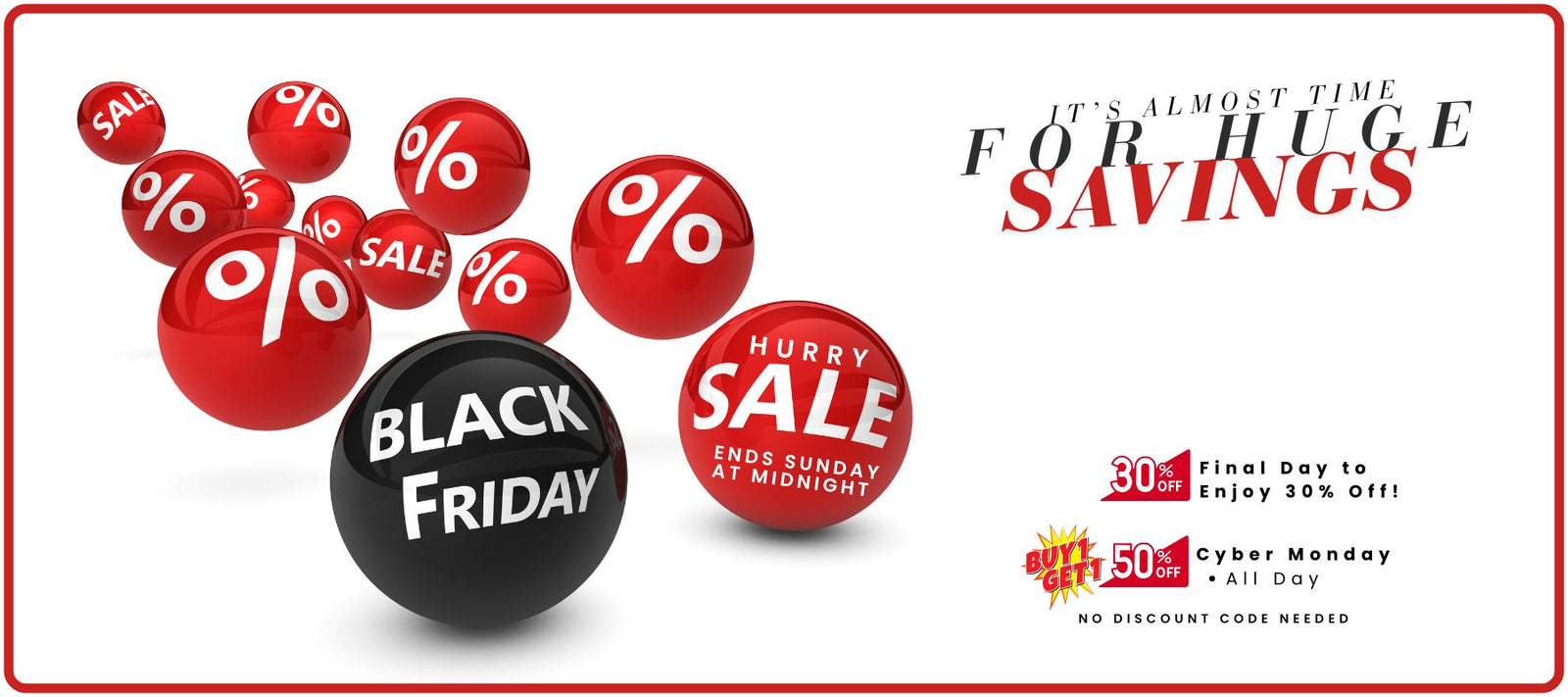Black Friday sale advertisement with red sale balls and promotional text on a white background - Wyndmere
