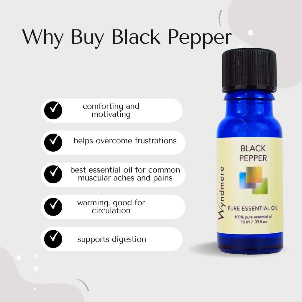 Blue bottle of Wyndmere Black Pepper essential oil with benefits listed on a light grey background