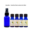 Empty cobalt blue 1oz glass bottle with mister, coffee, vanilla, cinnamon, and clove essential oil