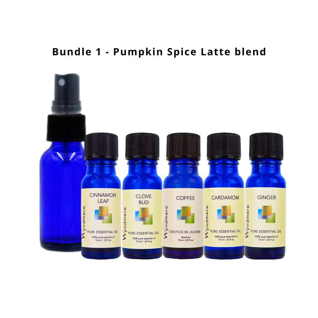 Bundles 1 - Pumpkin Spice Latte blend, 1oz Cobalt blue glass mister bottle, cinnamon, clove bud, coffee, cardamom, ginger essential oils