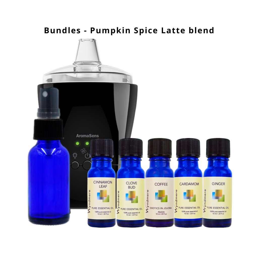 Bundles-Pumpkin Spice Latte blend, AromaSens diffuser, 1oz Cobalt blue glass mister bottle, cinnamon, clove bud, coffee, cardamom, ginger essential oils