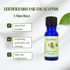 Bottle of Wyndmere certified organic Eucalyptus essential oil infographic on a white background