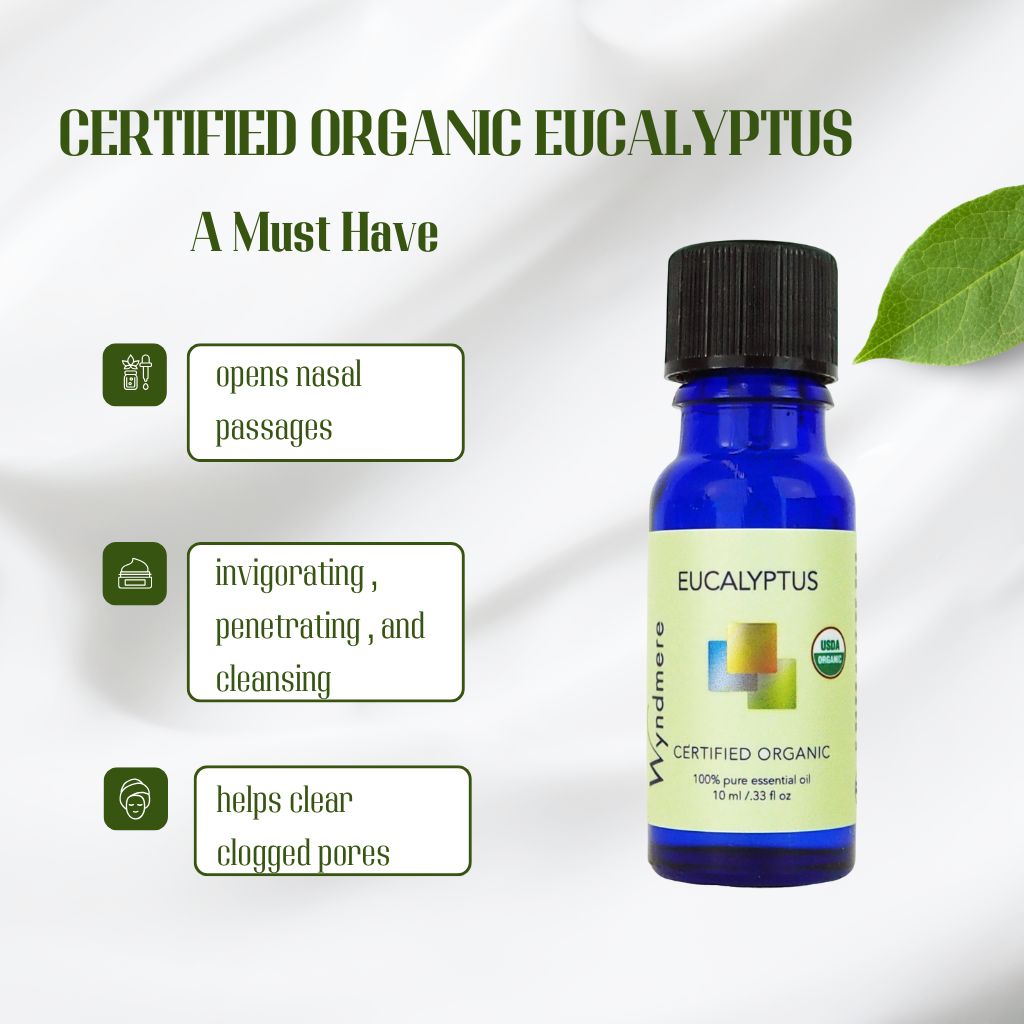 Bottle of Wyndmere certified organic eucalyptus essential oil with a list of benefits  on a white background