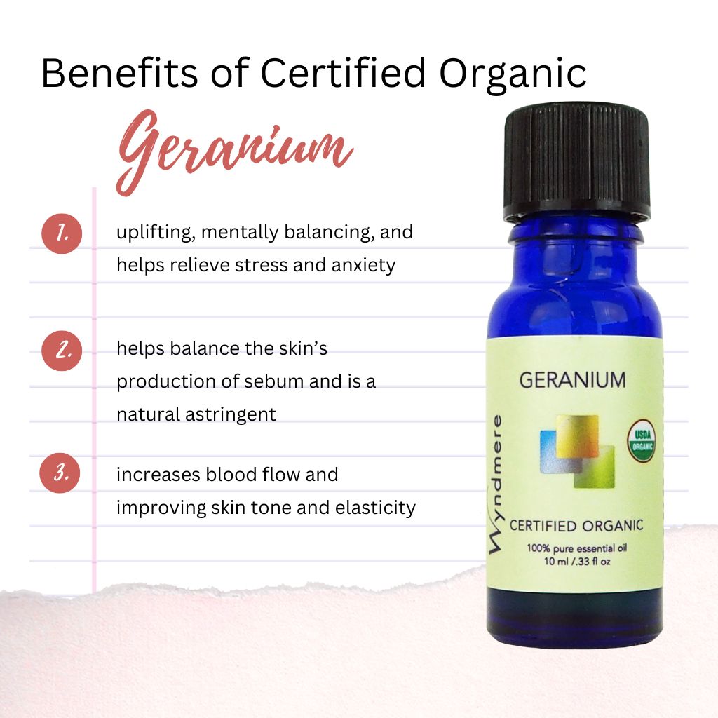 Wyndmere certified organic Geranium essential oil bottle with benefits listed on a white background
