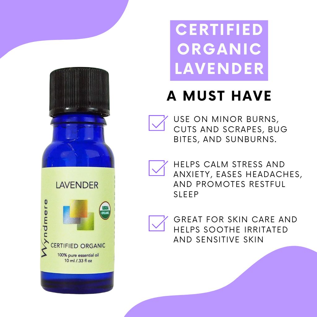 Bottle of Wyndmere certified organic lavender essential oil with list of benefits on a white background with lavender designed corners