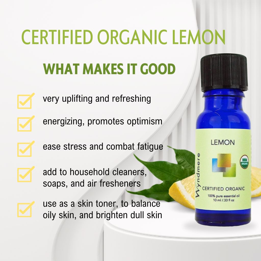 Bottle of Wyndmere certified organic lemon essential oil with benefits listed on a white background