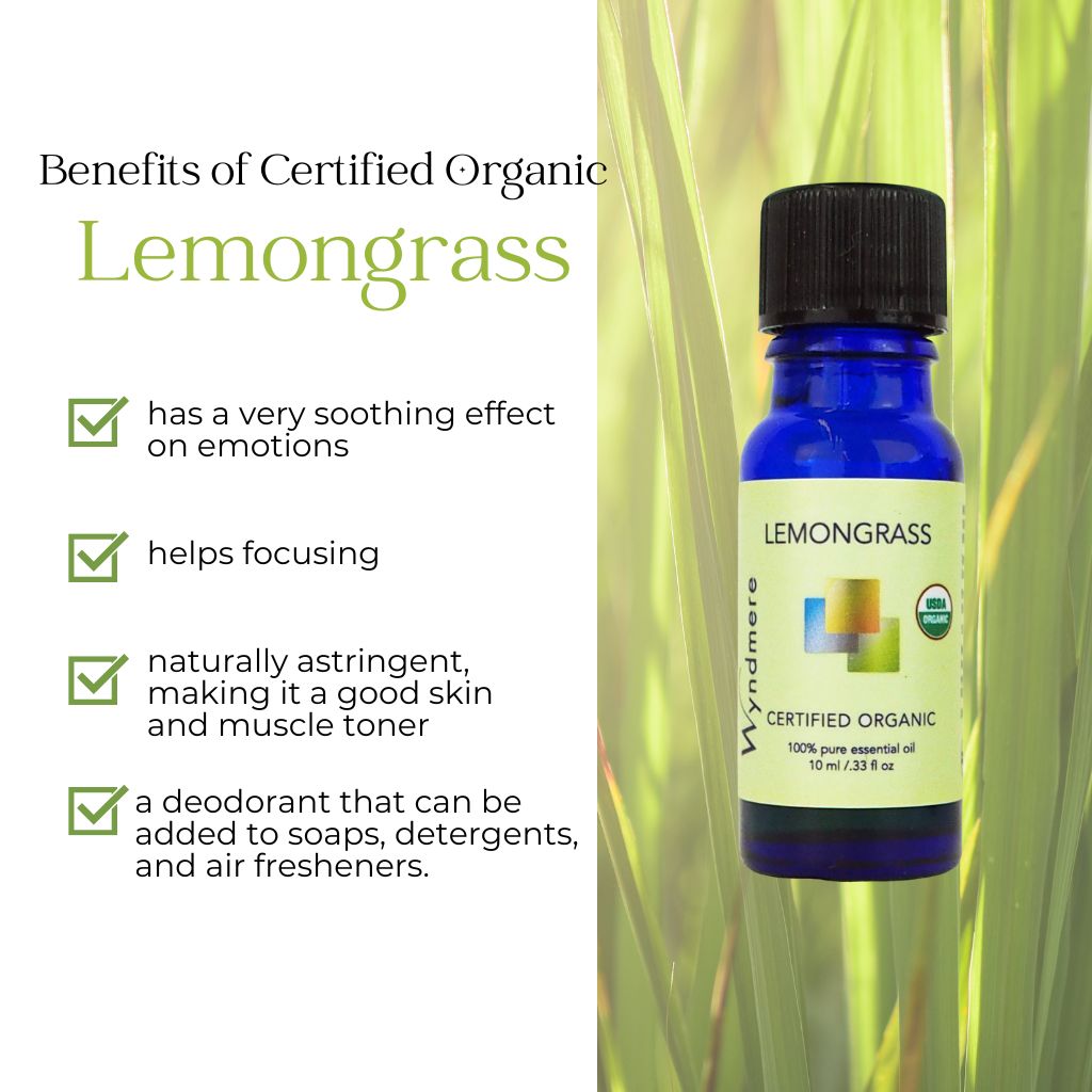Wyndmere certified organic Lemongrass essential oil bottle on a background of lemongrass  with benefits listed on a white background