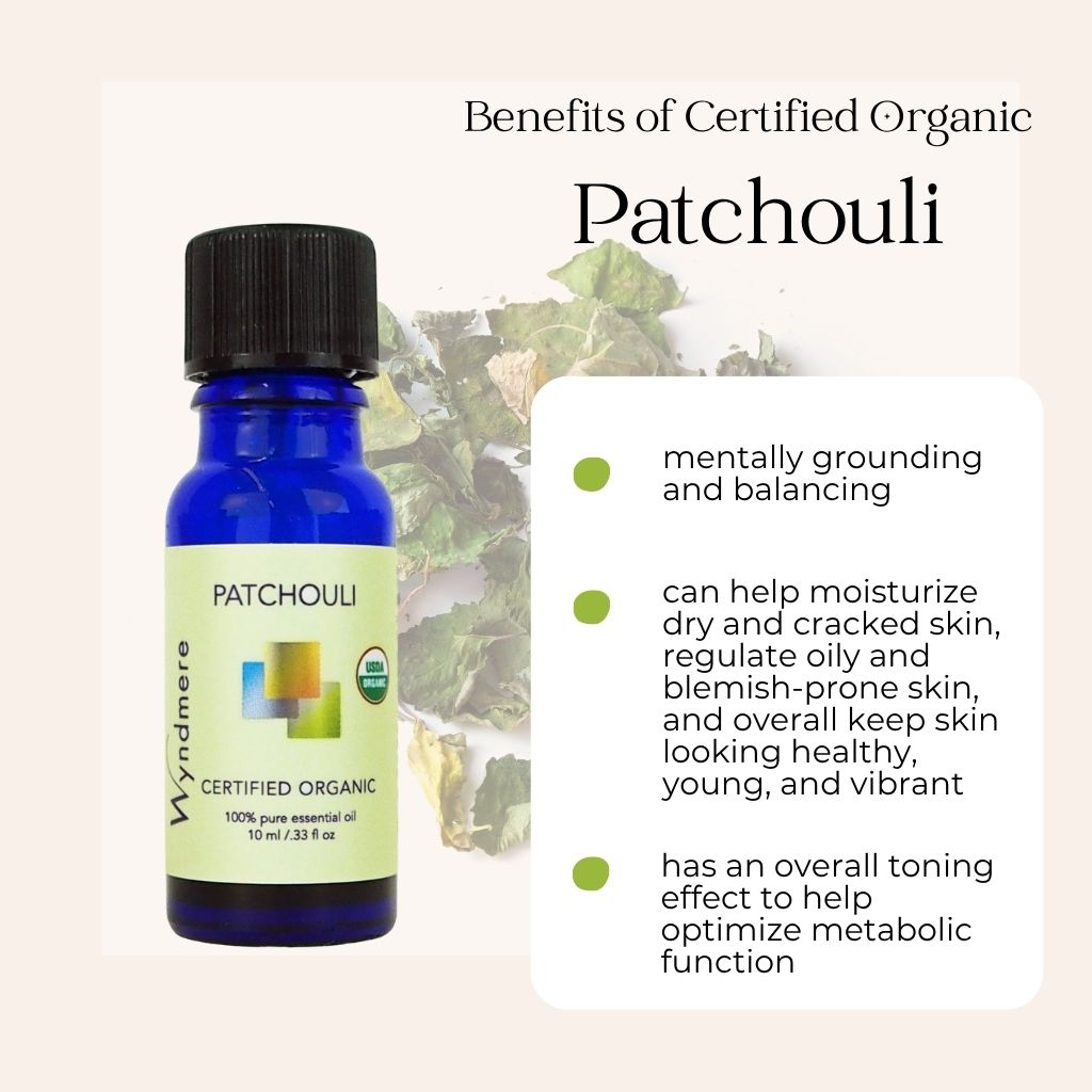 Bottle of Wyndmere certified organic Patchouli essential oil with benefits listed on a beige background with faded plant
