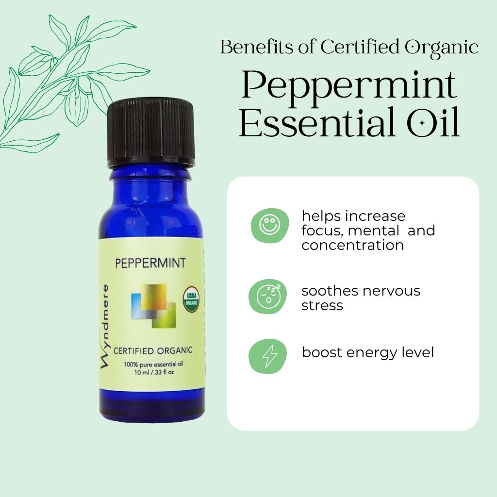 Bottle of Wyndmere certified organic peppermint essential oil with benefits listed on a light green background