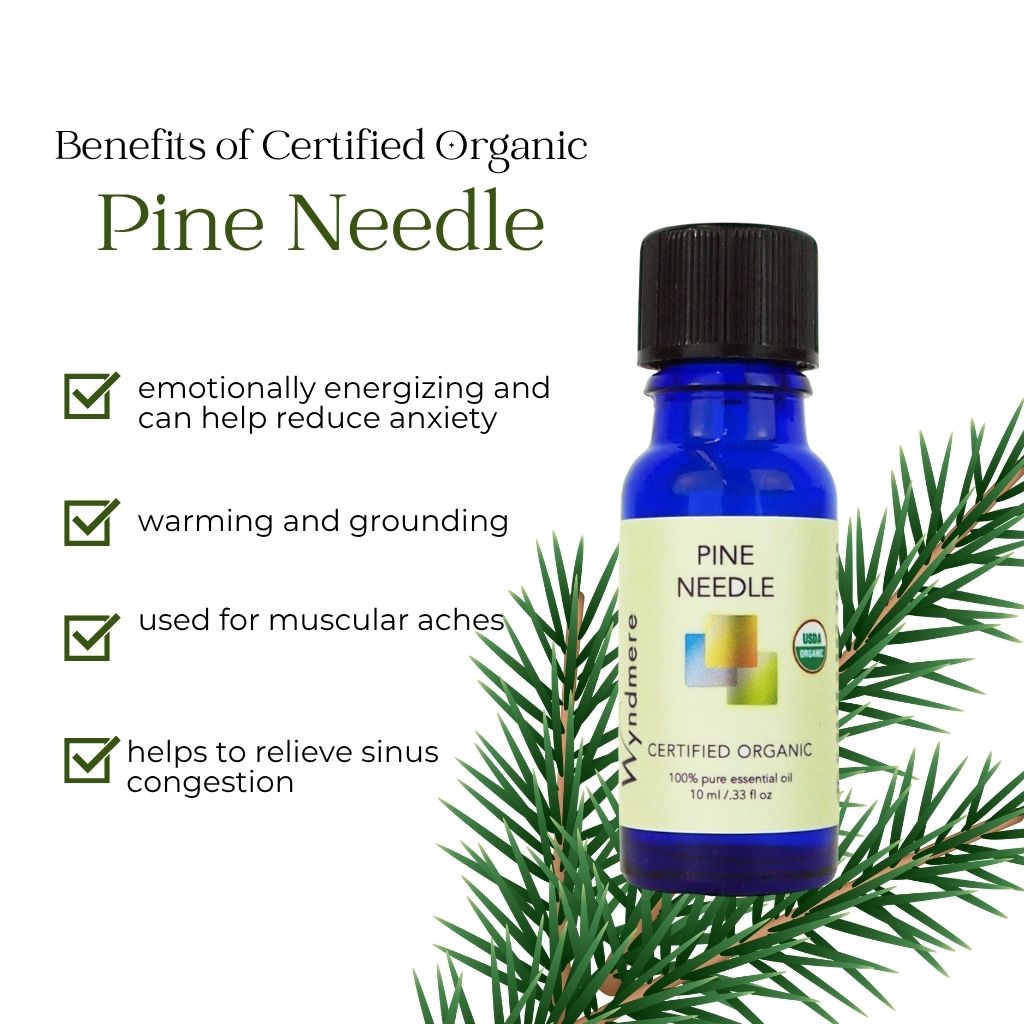 Bottle of Wyndmere certified organic pine needle essential oil with benefits listed on a white background