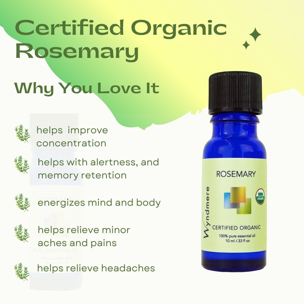 Bottle of Wyndmere Certified Organic Rosemary essential oil with benefits listed on a green and yellow gradient background.
