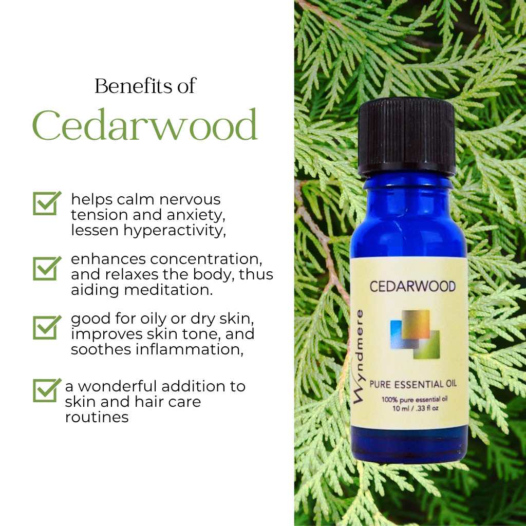 Bottle of Cedarwood essential oil with benefits listed on a white background with cedar greenery.
