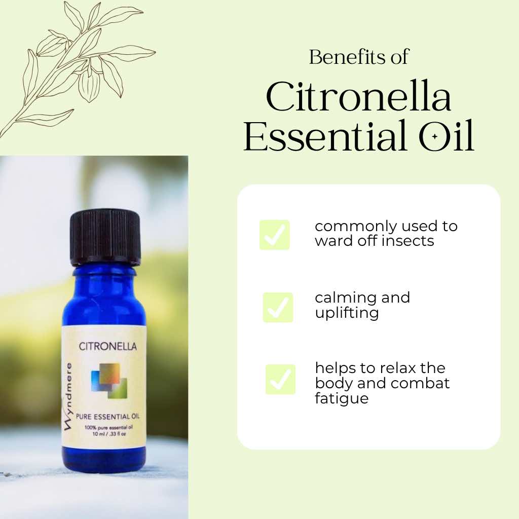 Bottle of Wyndmere Citronella essential oil with benefits listed on a light green background