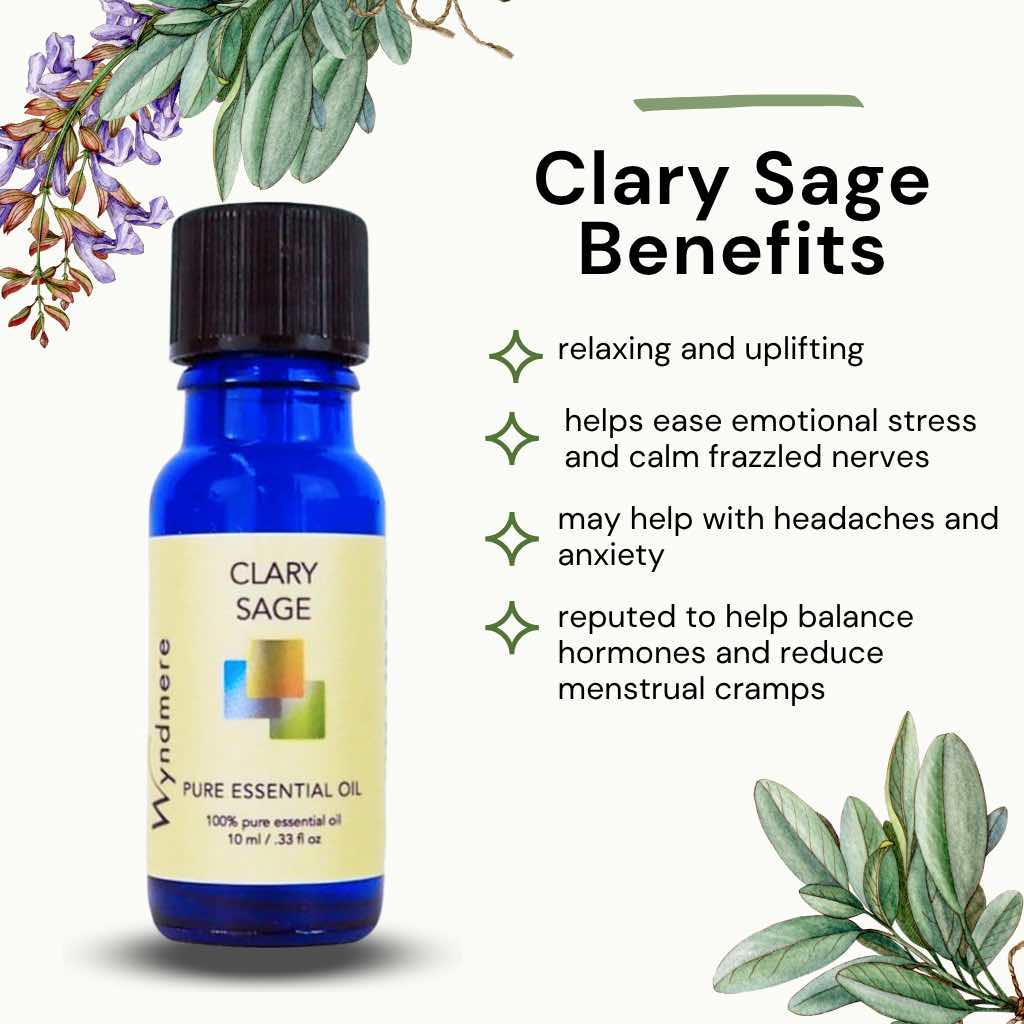 Bottle of Wyndmere Clary Sage essential oil with benefits listed on a white background with sprigs of Clary age flowers and leaves