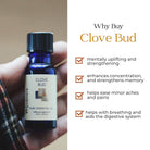 Hand holding a bottle of Wyndmere Clove Bud essential oil, infographic on a white background