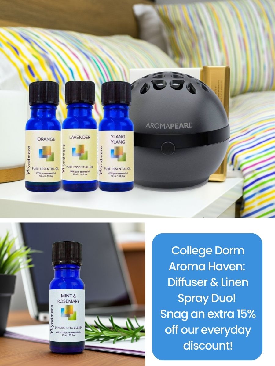 Essential oil bottles and diffuser on a table with promotional text overlay.