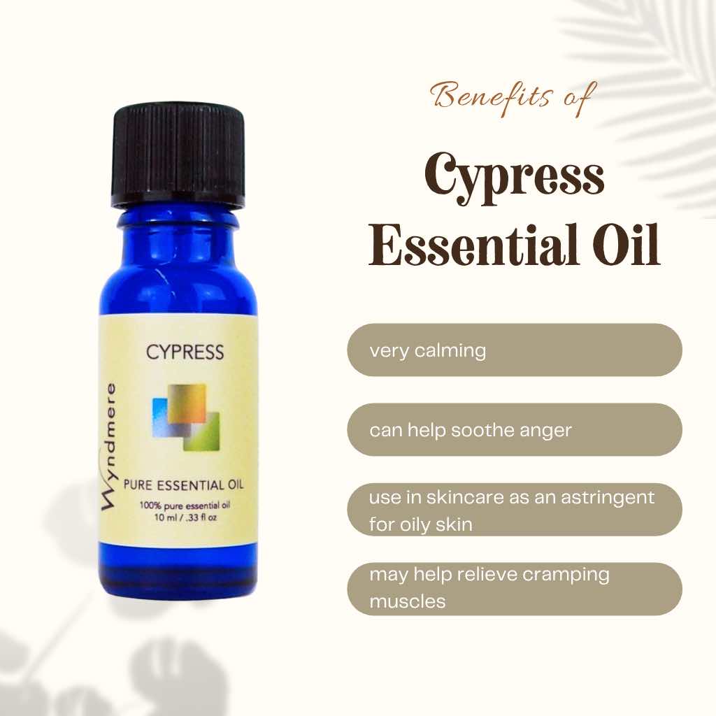 Bottle of Cypress essential oil with benefits listed on a white background