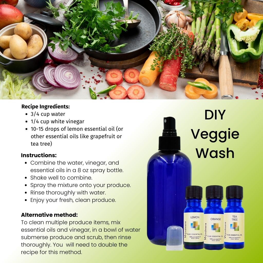 An image featuring a blue spray bottle labeled 'DIY Veggie Wash' alongside ingredients such as lemon, orange, and tea tree essential oils