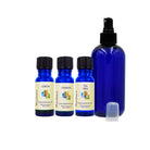 An image featuring a blue spray bottle, along with ingredients such as lemon, orange, and tea tree oils, and a BPA-free plastic spray bottle.