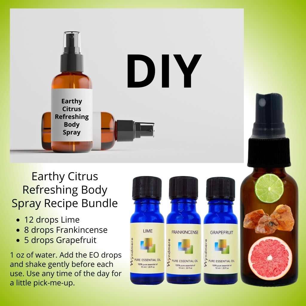 A DIY Earthy Citrus Refreshing Body Spray Recipe Bundle, including bottles of lime, frankincense, and grapefruit essential oils, a cobalt blue spray bottle, and a recipe card.