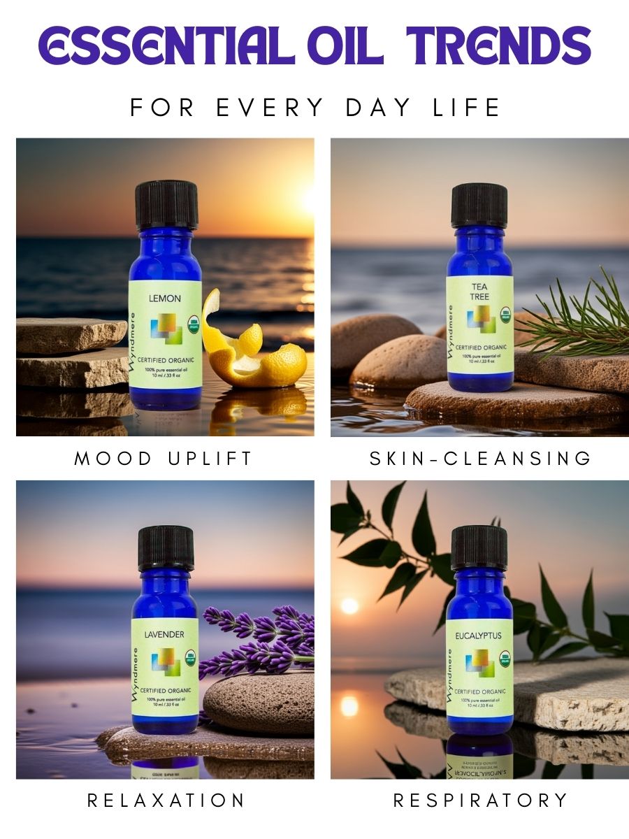 Four images of essential oil bottles with corresponding labels for mood uplift, skin cleansing, relaxation, and respiratory benefits, set against scenic backgrounds.