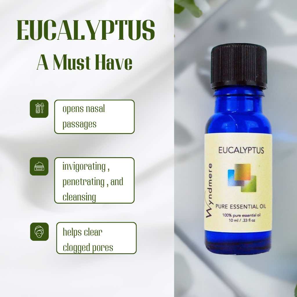 Eucalyptus essential oil bottle with benefits listed on a light background