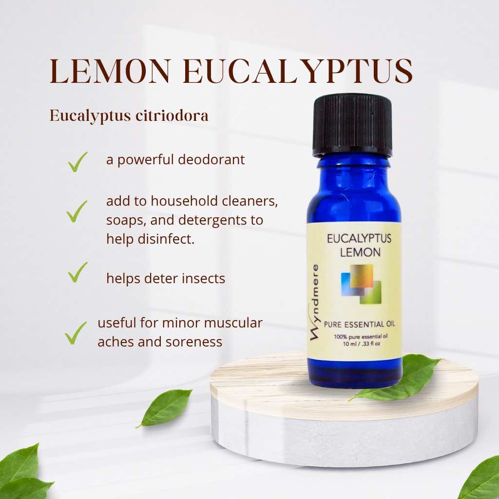 Blue bottle of Wyndmere Eucalyptus Lemon essential oil with product details on a white background