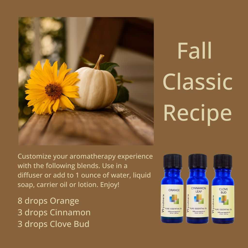 Wyndmere - Fall Classic Recipe. Autumn image with flower, and pumpkin with clove, cinnamon, and orange essential oil.