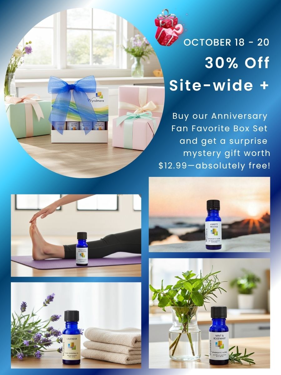 Promotion for a sale event with Wyndmere essential oil bottles, gift boxes, and lifestyle images.