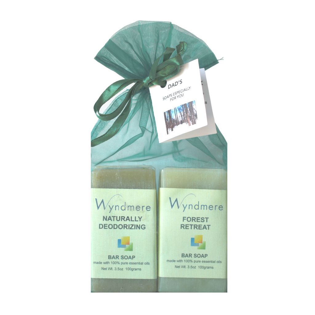 Wyndmere Father&#39;s Day Soap 4-Pack gift set in a green organza bag. 