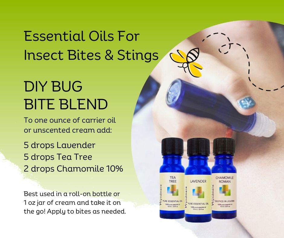 Wyndmere DIY Bug Bite Blend. 10 ml. cobalt blue bottles of lavender, tea tree, and chamomile essential oils.