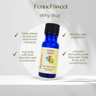 Wyndmere Sweet Fennel essential oil in a cobalt blue bottle, infographic on a white background