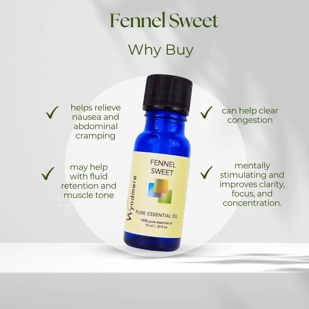 Fennel Sweet essential oil in a cobalt blue bottle with benefits listed on a white background