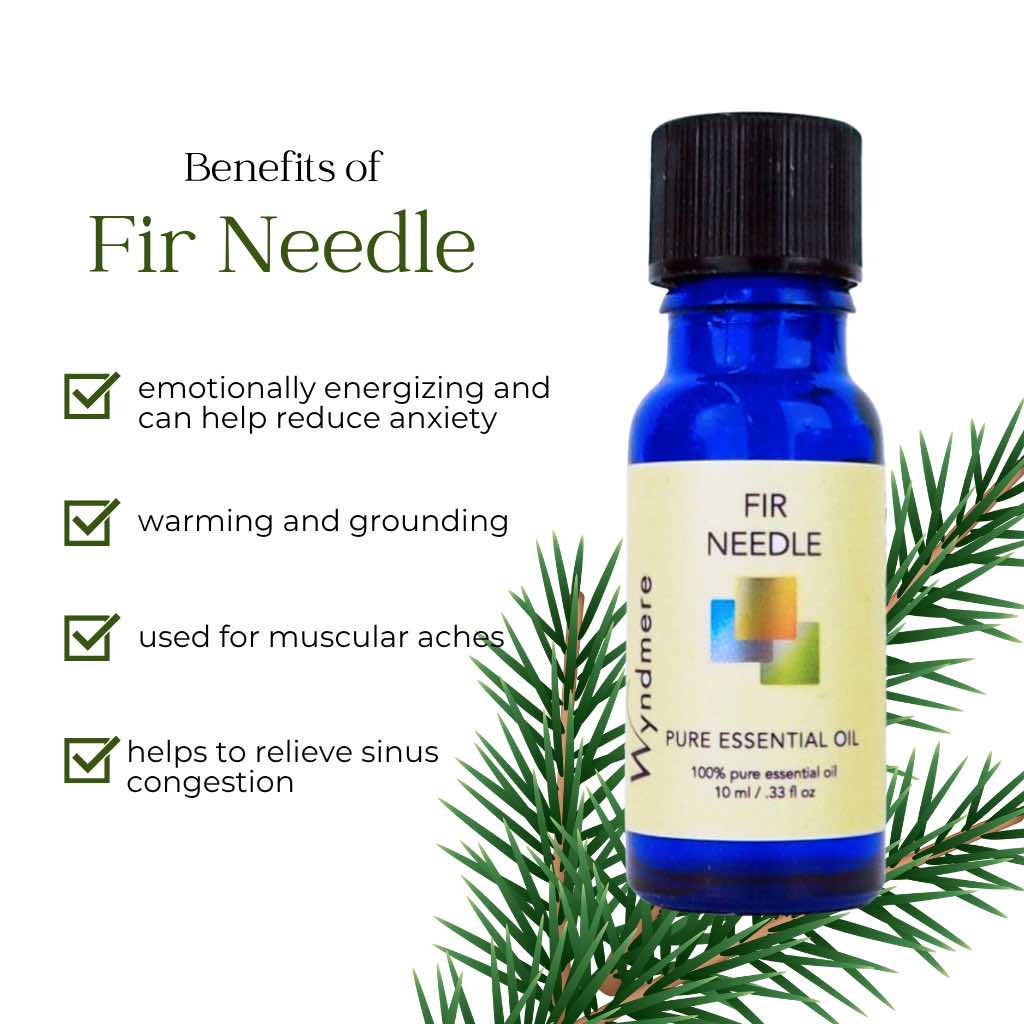 Wyndmere Fir Needle essential oil in a cobalt blue bottle with sprig of fir and with benefits listed on a white background