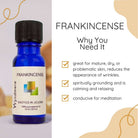 Cobalt blue bottle of Wyndmere Frankincense oil, infographic on a beige background