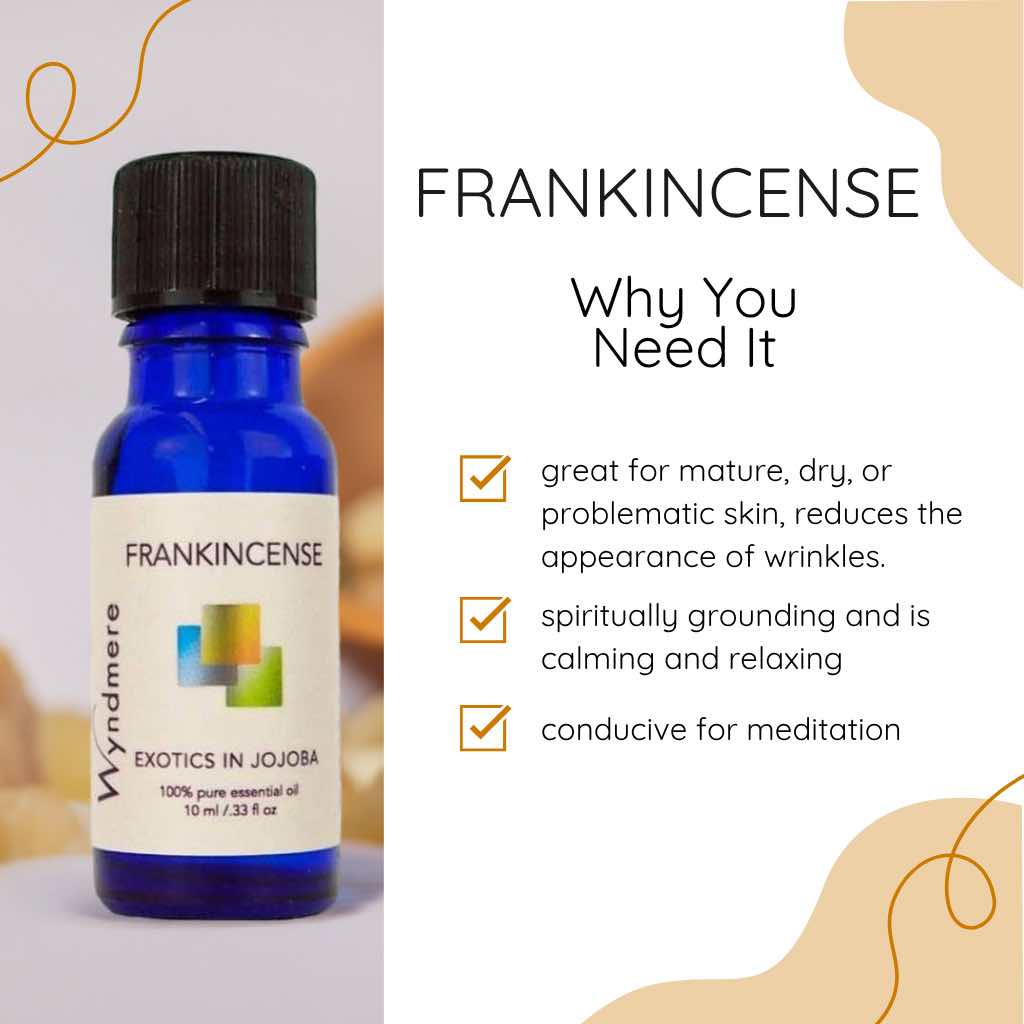 Cobalt blue bottle of Wyndmere Frankincense oil with benefits listed on a beige background