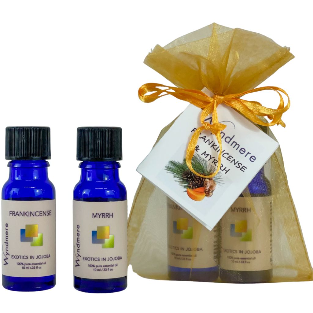 Wyndmere - holiday gifts Frankincense and Myrrh essential oils in jojoba in gold organza bag.