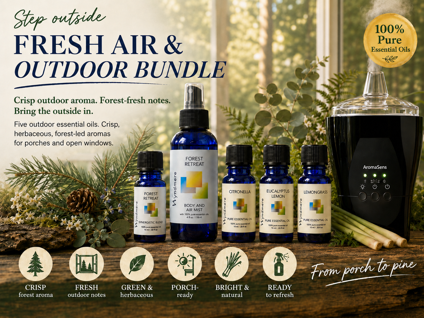 Essential oil bottles and diffuser with outdoor bundle description on a wooden surface.